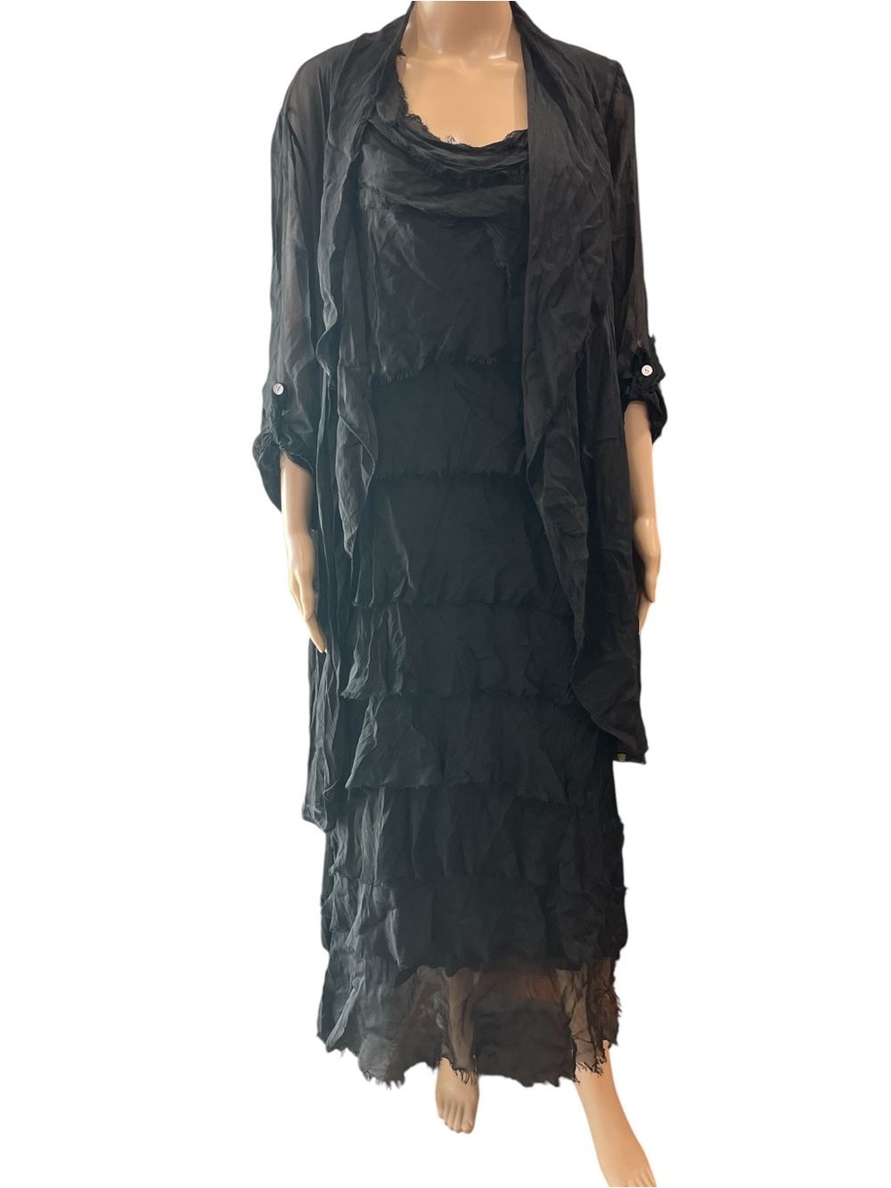 Gigi Moda Italy Siena Silk Tiered Ruffle Maxi Dress & Duster Set Black One Size
